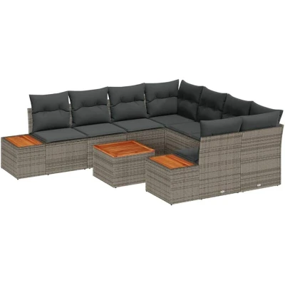 Image of vidaXL 9 Piece Garden Sofa Set with Cushions Grey Poly Rattan Acacia