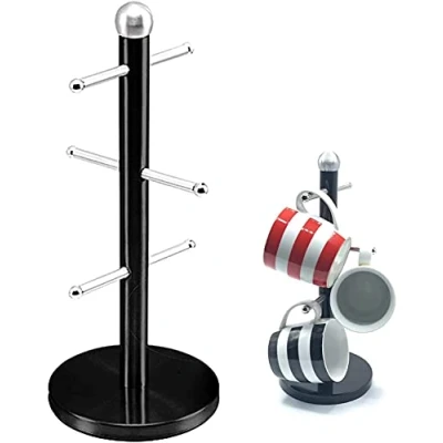 Image of Royal Cuisine Stainless Steel Coffee Tea Mug Tree Hanger Stand Cup Holder with 6 Hooks for Counter Kitchen Storage Rack Accessories Black