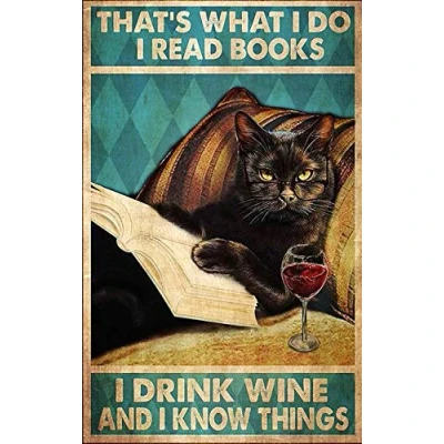 Image of LINQWkk Vintage Wall Poster Metal Plaque Cat and Books That&#039;s What I Do Read Drink Wine Know Things for Home Kitchen Bar Coffee Shop 8x12inch