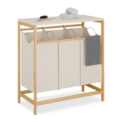 Image of Relaxdays Laundry Basket Rack, 3 Removable Bags, Flip Shelf, HWD: 84.5x78.5x40 cm, Washing Sorter, Bamboo, Brown/Cream, Polyester, Cotton