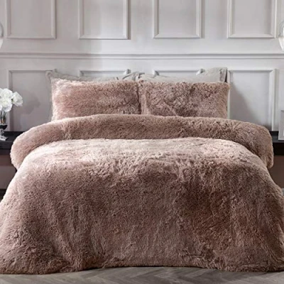 Image of Sleepdown Fleece Luxury Long Pile Faux Fur Mink Super Soft Easy Care Duvet Cover Quilt Bedding Set with Pillowcases Double (200cm x 200cm)