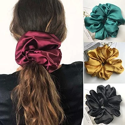 Image of 4 PCS Hair Scrunchies Big Satin Bands Elastic Bobbles Scrunchy Colorful Soft Ponytail Holder Ties Headband for Women Girls Accessories, Solid Color