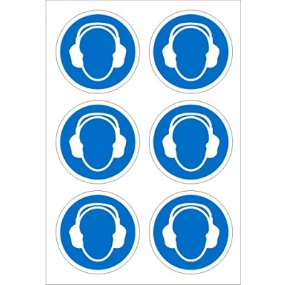 Image of Seco Wear Ear Protectors Pictogram Sign, 60mm Diameter (Sheet of 6) Self Adhesive Vinyl
