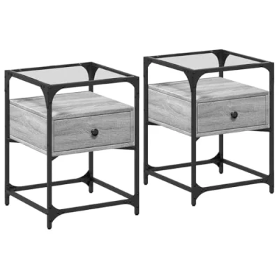 Image of vidaXL Bedside Cabinets Grey Sonoma Engineered Wood/Glass Top Moisture Resistant Frame for Bedroom/Living Room 40x40x55cm 2pcs