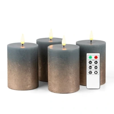 Image of Fanna 4 Flameless LED Pillar Candles with Timer for Wreath, Battery Operated Rustic Wax Remote Christmas, 8 Batteries Included H 10cm Misty Blue/Copper