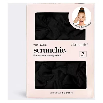 Image of Kitsch Satin Scrunchies Softer than Silk for Women Cute Hair Ties &amp; Stylish Scrunchie Teens Girls Ponytail Holders, 5pc (Black)