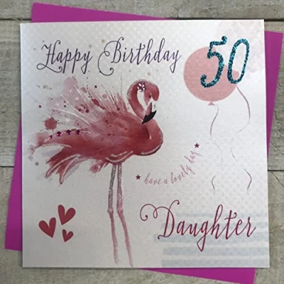 Image of DAUGHTER 50TH BIRTHDAY CARD, FLAMINGO &amp; BALLOONS DESIGN, HAND FINISHED BY WHITE COTTON CARDS (BFL50 D)