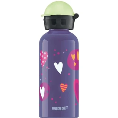 Image of Sigg Aluminium Kids Water Bottle KBT Glow In The Dark Heart Balloons Leakproof Lightweight BPA Free Climate Neutral Certified Light Green 0.4L