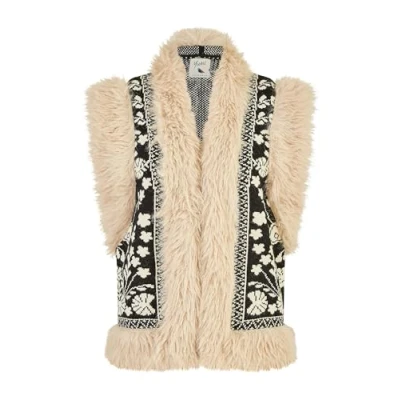 Image of Yumi Cream Knitted Folk Fur Trimmed Gilet M/L Black