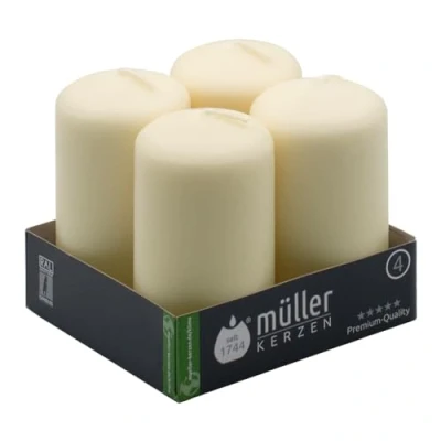 Image of Müller Small Pillar Candles Set of 4 Unscented Ivory in Bulk 4,8 x 9 Cm 16 Hours Long Burning Decorative Dripless Wax Smokeless Wick RAL Quality Made Germany