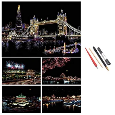 Image of Scratch Art for Adults Kids,Engraving Etch Scraper Foil Paper Holographic Painting Pictures Kids,Creative Gift Set Children,Friends,Family,With 4 Tool Set(Tower Bridge)