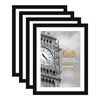 Image of HoziRes Picture Frames 6 x 8 inch, Wooden Photo with Mount in Black, Set of 4 for Tabletop and Wall Mounting, 42 59cm Poster Printing