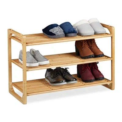 Image of Relaxdays Bamboo Shoe Rack, Stackable Footwear Shelf with 3 Levels, up to 9 Pairs, HWD: 50 x 75.5 33 cm, Natural