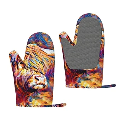 Image of Heat Resistant Silicone Oven Gloves Sets Of 2 Highland Cow Kitchen Non Slip Mitts 1 Pair For Baking Cooking Bbq