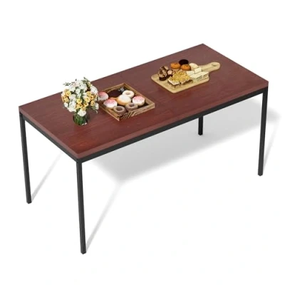 Image of FurnitureR Dining Table, Kitchen Table in Vintage Wood Pattern, Metal Frame Rectangular with Adjustable Feet for Room Living Room, 150x75x75cm, Brown Desktop &amp; Black Legs