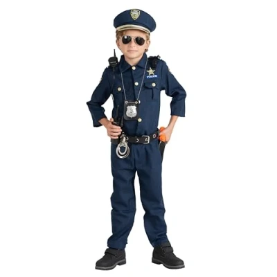 Image of Dress Up America Children Police Costume For Boys Includes Shirt, Pants, Hat, Belt, Whistle, Gun Holster, and Walkie Talkie Kids Cop Set