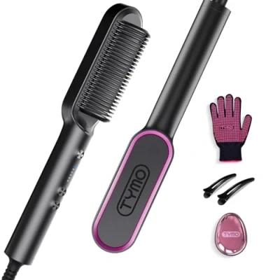 Image of TYMO Hair Straightener Brush UK, Flat Iron and 2 in 1, Anti Scald, Fast Heating, 5 Temp Settings (130℃ 210℃), Professional Salon at Home, Wider Comb for Even Straightening, Ring