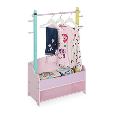 Image of Relaxdays Children&#039;s Clothes Rack, Coat Rail Kids&#039; Room, 4 Hooks, 2 Shelves, HWD: 100.5x71x30 cm, Wardrobe, Colourful, Fibreboard