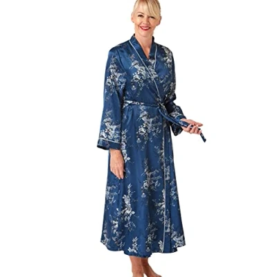 Image of Marlon Womens Vara Piped Floral Printed Satin Long Robe, Ocean Blue, 14 16