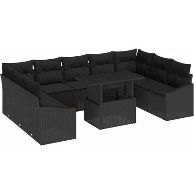 Image of vidaXL 10 Piece Garden Sofa Set with Cushions Black Poly Rattan