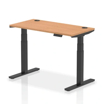 Image of Air 1200 x 600mm Height Adjustable Desk Oak Top Cable Ports Black Leg