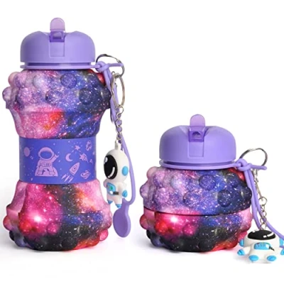 Image of CARESWAY Kids Water Bottle with Keyring 500ml Girls &amp; Boys Drinks Foldable Collapsible BPA Free Childrens Poppet Fidget Bottles for School (Galaxy)