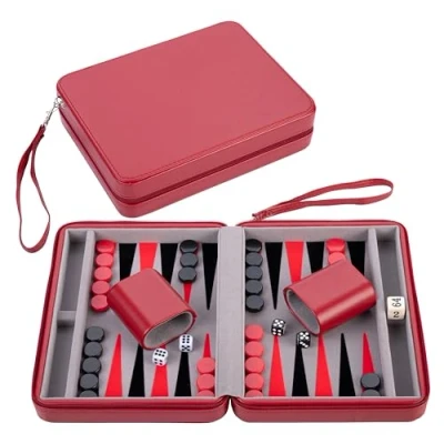 Image of Engelhart 250500 Travel Backgammon Set, Inlay Felt, 9 inch Deluxe Game Set with Red Zipper Closure (gray, black, red)