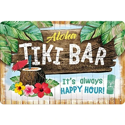 Image of Nostalgic Art Retro Tin Sign Open Tiki Bar Gift idea for Cocktail Fans, Metal Plaque, Vintage Design Wall Decoration, 20 x 30 cm