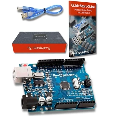 Image of AZDelivery Compatible with ATmega328P CH340 Microcontroller Board 16MHz 5V ATmega328, USB Cable, Boards Including E Book!