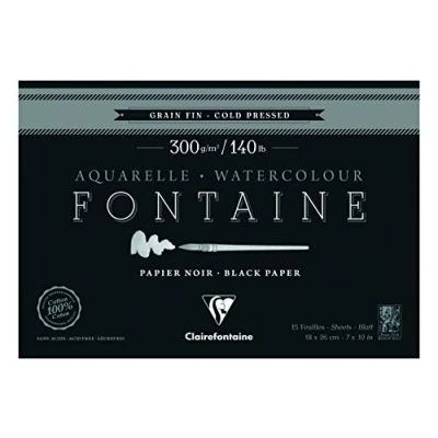 Image of Clairefontaine Ref 975303C Fontaine Cold Pressed Black Watercolour Pad (15 Sheets) 26 x 36cm Size, 300gsm Paper Suitable for Artwork