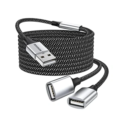 Image of USB Extension Cable,USB Splitter A Male to 2 Female Cord Durable Cable Nylon Braided Fast Data Transfer Compatible with Printer, Keyboard, Flash Drive,Playstation