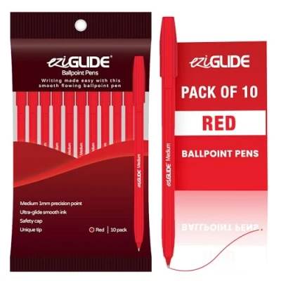 Image of Eziglide Ballpoint Red Pen, Pack of 10 Pens, Smooth Writing Action Medium Point 1.0mm Coloured Pens Multipack Ball Ideal for School, Home or Work Stationery Supplies
