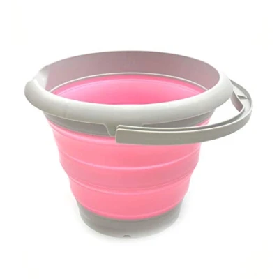 Image of SAMMART 5L Collapsible Plastic Bucket Foldable Round Tub Portable Fishing Water Pail Space Saving Outdoor Waterpot (5L Round, Grey/Pink)