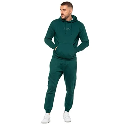 Image of 989Zé ENZO Mens Tracksuit Hooded Fleece Sweatshirt Overhead Hoodie Pullover Casual Cargo Combat Joggers Sweatpants Set EZHD600 &amp; EZJGC599 GREEN XL
