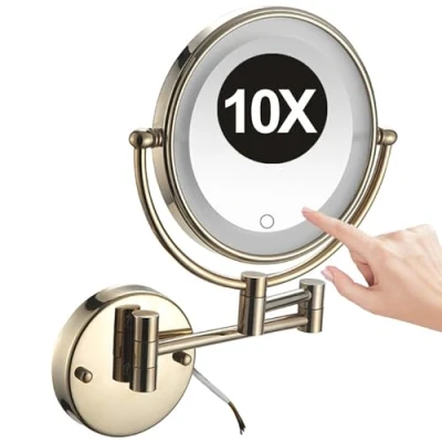 Image of REWIS 8 Inch Hard Wired Wall Mounted LED Lighted Makeup Vanity Mirror with Touch Screen Dimmable, Dual Sided Rotatable 10X Magnifying Cosmetic Beauty Mirror, Bathroom HD Shaving Mirror,Gold,1Color