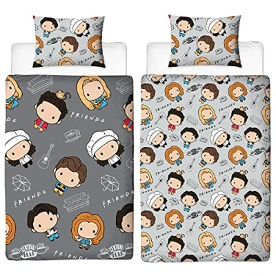Image of Friends TV Show Single Duvet Cover Chibi Design Officially Licensed Reversible Bedding set with matching Pillowcase