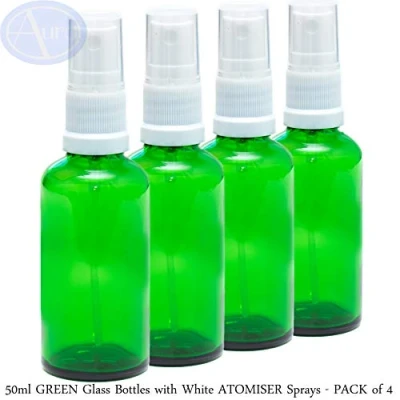 Image of Aura 50ml Green Glass Bottles with White ATOMISER Sprays Pack of 4