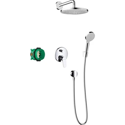 Image of Hansgrohe Crometta S 240 27958000 Flush Mounted Shower Set 7 in 1 System with Head Bath Mixer Hose Including Base Body and Brackets Chrome