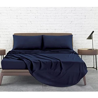 Image of Linen Home Single Bed Sheet Set Navy 3Pcs Easy Care Brushed Microfiber Size Super Soft Wrinkle Free Bedding Flat, Fitted Sheets &amp; Pillowcase (Single, Navy)