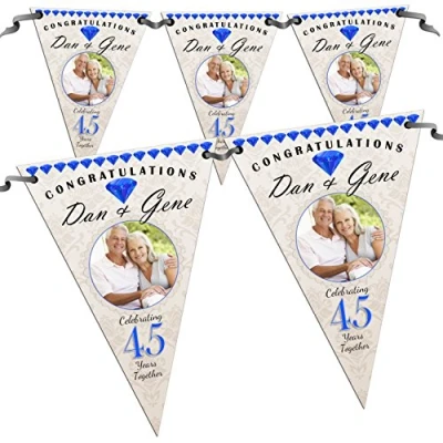 Image of Personalised 45th Sapphire Wedding Anniversary Congratulations Party PHOTO Flag Banner Bunting N66 10 Flags inc ribbon