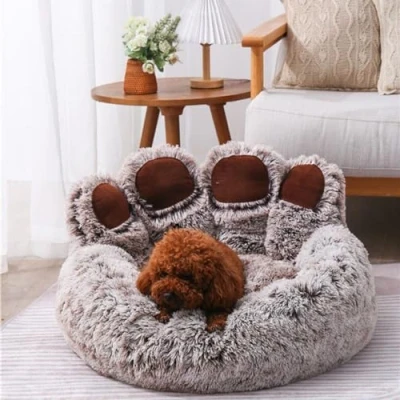 Image of HshDUti Calming Dog Bed for Small Dogs, Paw Shaped &amp; Cat Bed, Anti Anxiety Donut Cuddler Warming Cozy Soft Round Puppy Pet Medium Dogs and Cats Grey White 50cm