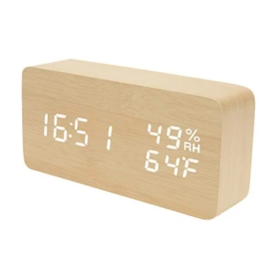 Image of Raercodia Alarm Clock Wooden Digital Modern Decorative Electronic LED Desk Display Time Date Temperature Humidity 3 Alarms Brightness Adjustable for Home Office Bedroom(Beige,White)