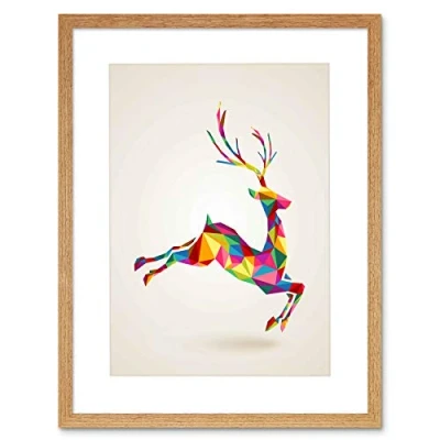 Image of Wee Blue Coo Painting Illustration Leaping Running Deer Polygon Framed Print Picture F12X679