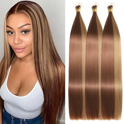 Image of Locescsoc 24 Inch Straight Hair Extensions 150g 3 Packs Bone Braiding Hair, 27/30 Ariel Ponytail Bundles, Ombre Soft Synthetic Crochet Box Braids for Women