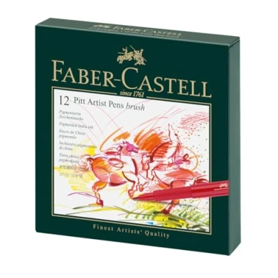 Image of Faber Castell Art &amp; Graphic Pitt Artist Pen Brush India Ink Pen, Multicoloured, Studio Box Of 12, For Art, Craft, Drawing, Sketching, Home, School, University, Colouring