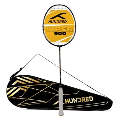 Image of HUNDRED Viper 900 Carbon Fibre Strung Badminton Racquet with Full Cover For Intermediate Players 79 grams gifts Maximum String Tension 32lbs (Black/Grey, Size: G6)