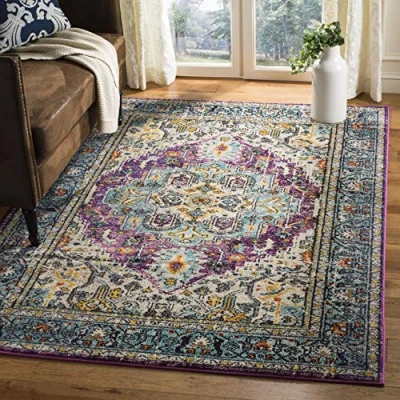 Image of SAFAVIEH Boho Chic Rug for Living Room, Dining Bedroom Monaco Collection, Short Pile, in Violet and Light Blue, 155 X 231 cm