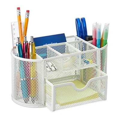 Image of Relaxdays Desk Organiser, Modern Look, Metal Mesh, Total Dimensions: H x W D approx. 10.5 22 11 cm, White, Steel