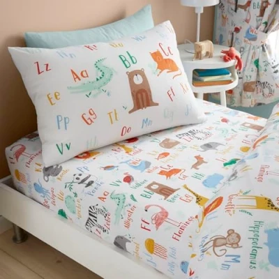 Image of Happy Linen Company Girls Boys Kids Animal Alphabet ABC White Multicolour Toddler Cot Bed Reversible Extra Pair Of Pillow Cases