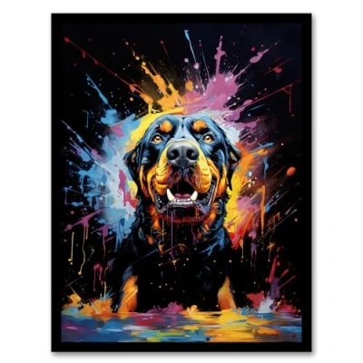 Image of Artery8 Rottweiler Dog Lover Gift Pet Portrait Blue Orange Purple Artwork Painting Framed Wall Art Print A4
